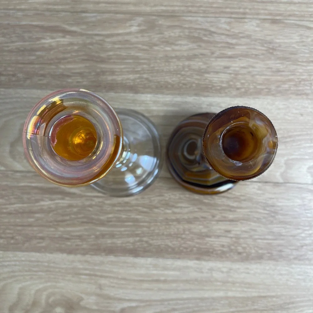 Vintage Amber Carnival Glass & Brown Slag Glass Taper Candlestick Holders Set 2